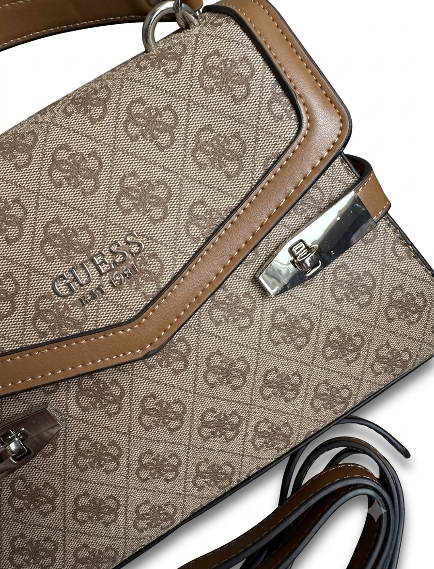 Guess Logo Top Handle Bag with Shoulder Strap - Classic Brown #0198