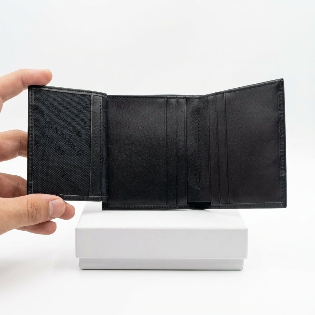 Calvin Klein Men's Premium Black Leather Wallet – Embossed Logo Bi-Fold / Passcase #0001