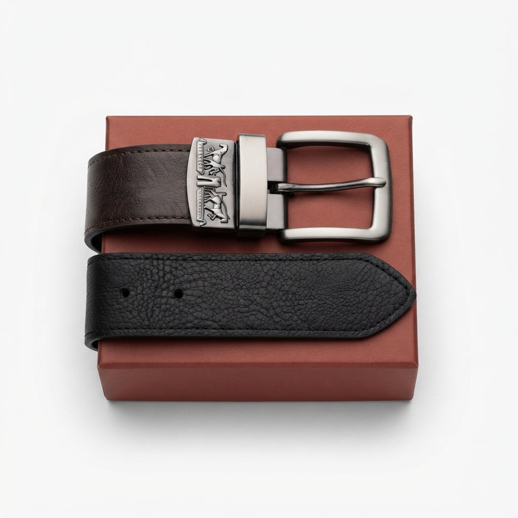 2-in-1 Classic Men's Leather Belt – Reversible Brown & Black with Gift Box #05