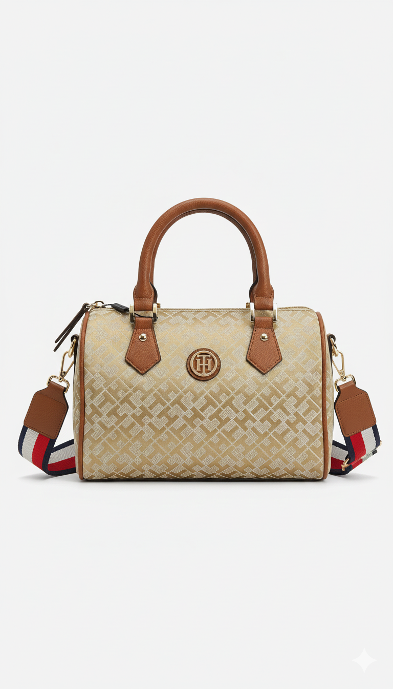 Tommy Hilfiger Women’s Monogram Jacquard Satchel Bag – Gold Beige/Tan