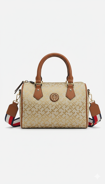 Tommy Hilfiger Women’s Monogram Jacquard Satchel Bag – Gold Beige/Tan