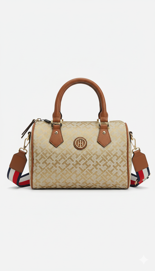 Tommy Hilfiger Women’s Monogram Jacquard Satchel Bag – Gold Beige/Tan