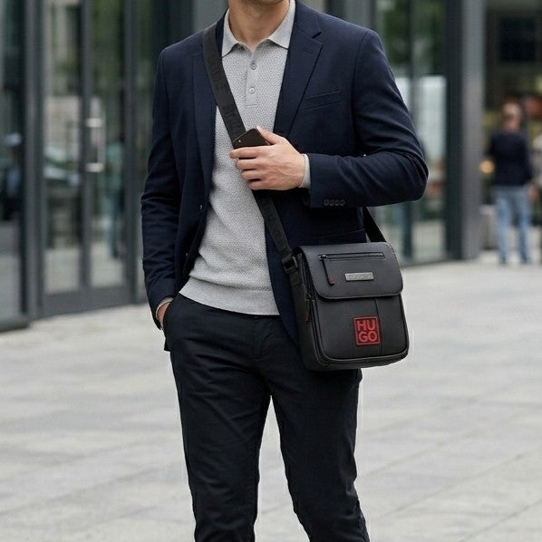 HUGO BOSS Men’s Matte Black Flap-Over Crossbody Reporter Bag #0013