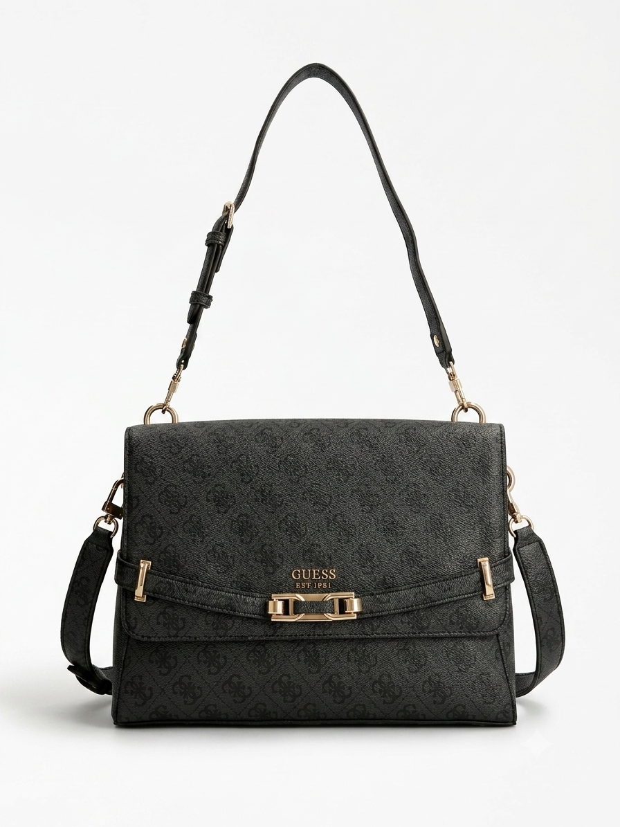 GUESS Women's Monogram Flap Shoulder & Crossbody Bag with Gold-Tone Hardware - Charcoal #0185