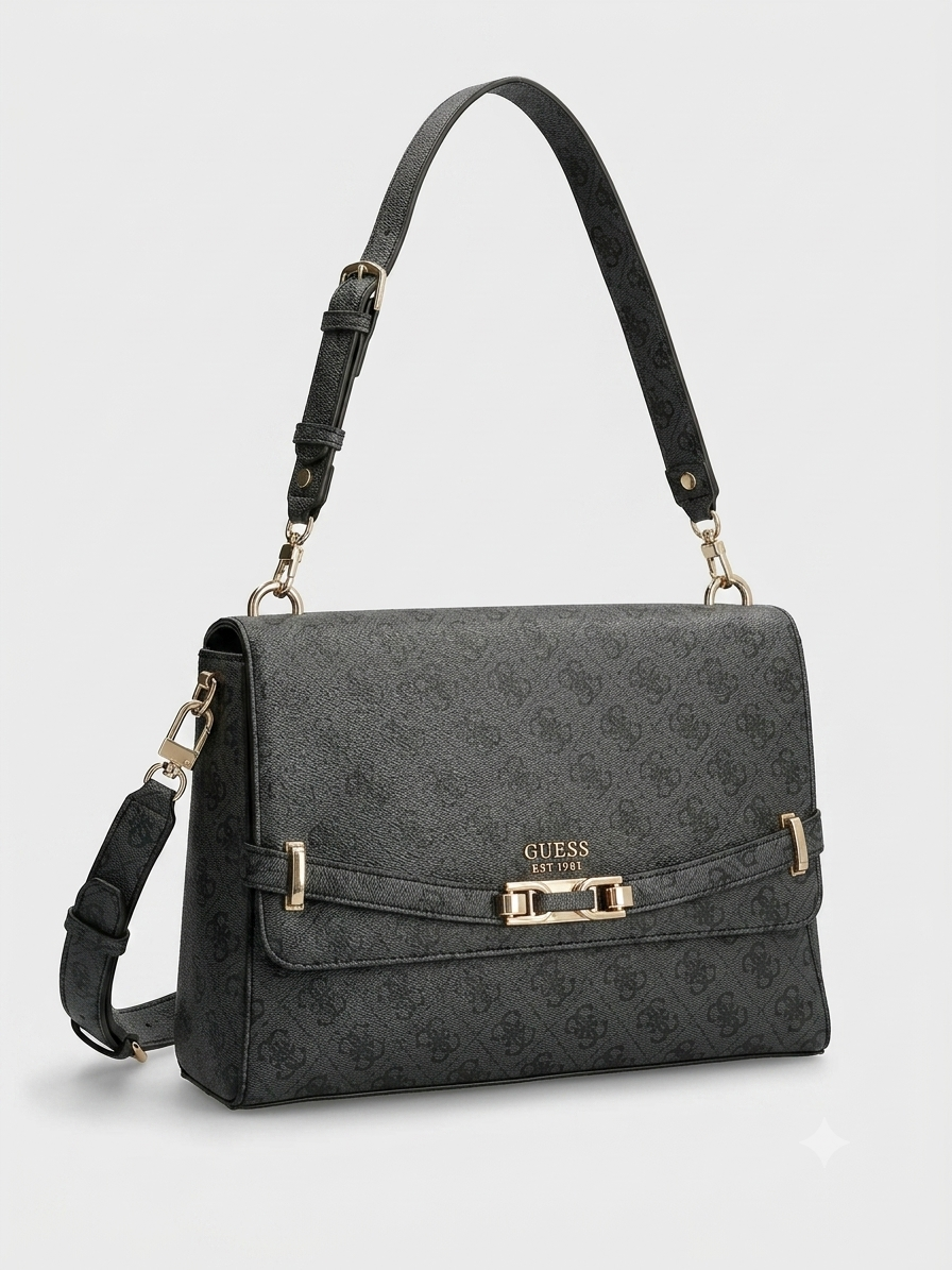 GUESS Women's Monogram Flap Shoulder & Crossbody Bag with Gold-Tone Hardware - Charcoal #0185