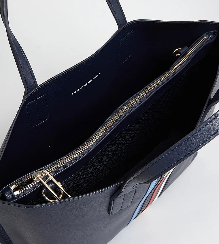Women's Elegant Navy Blue Faux Leather Tote Bag with Striped Detail & Top Handles #0086