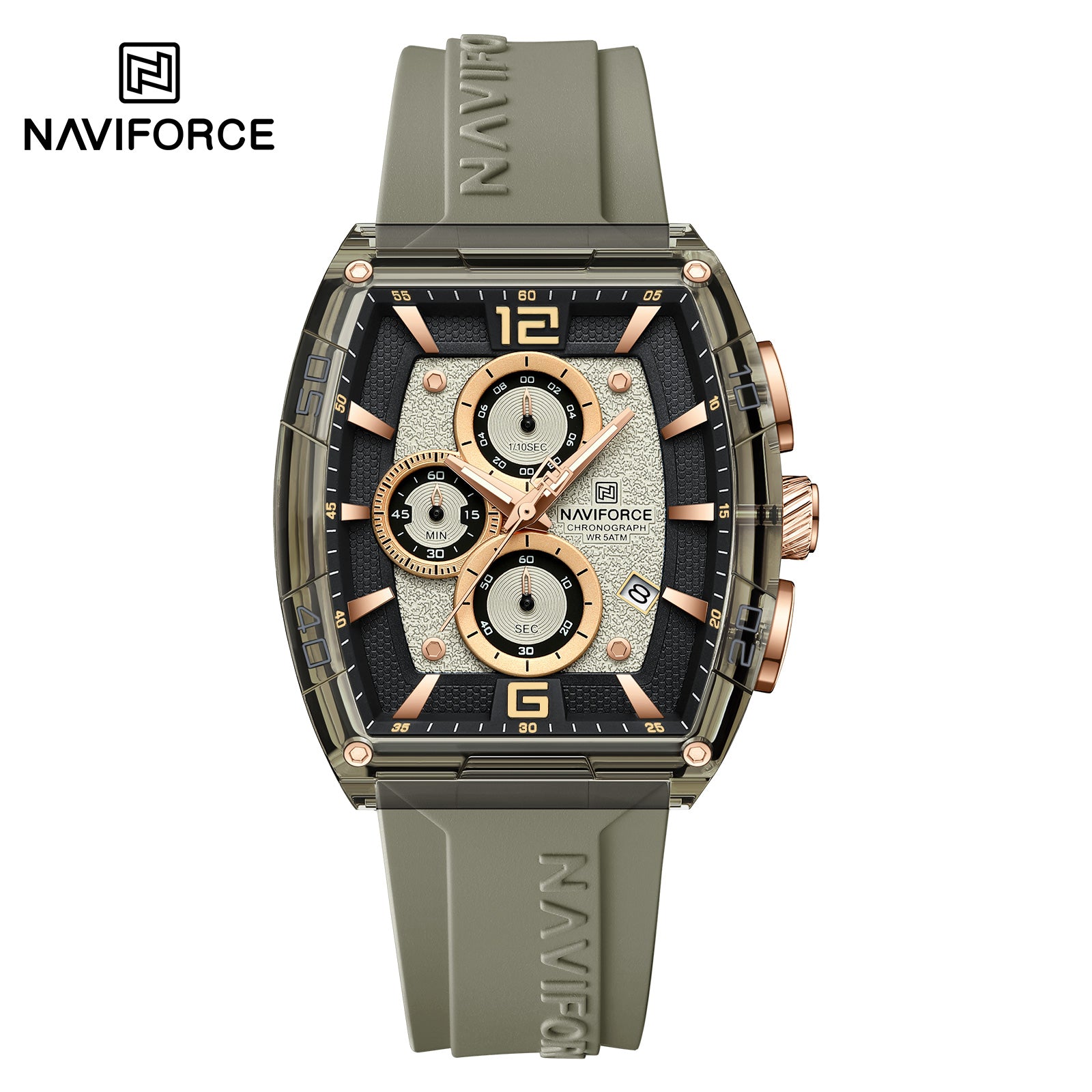 Naviforce NF6101-GY-Y-GY Men’s Analog Square Watch with Stopwatch & Monthly Date