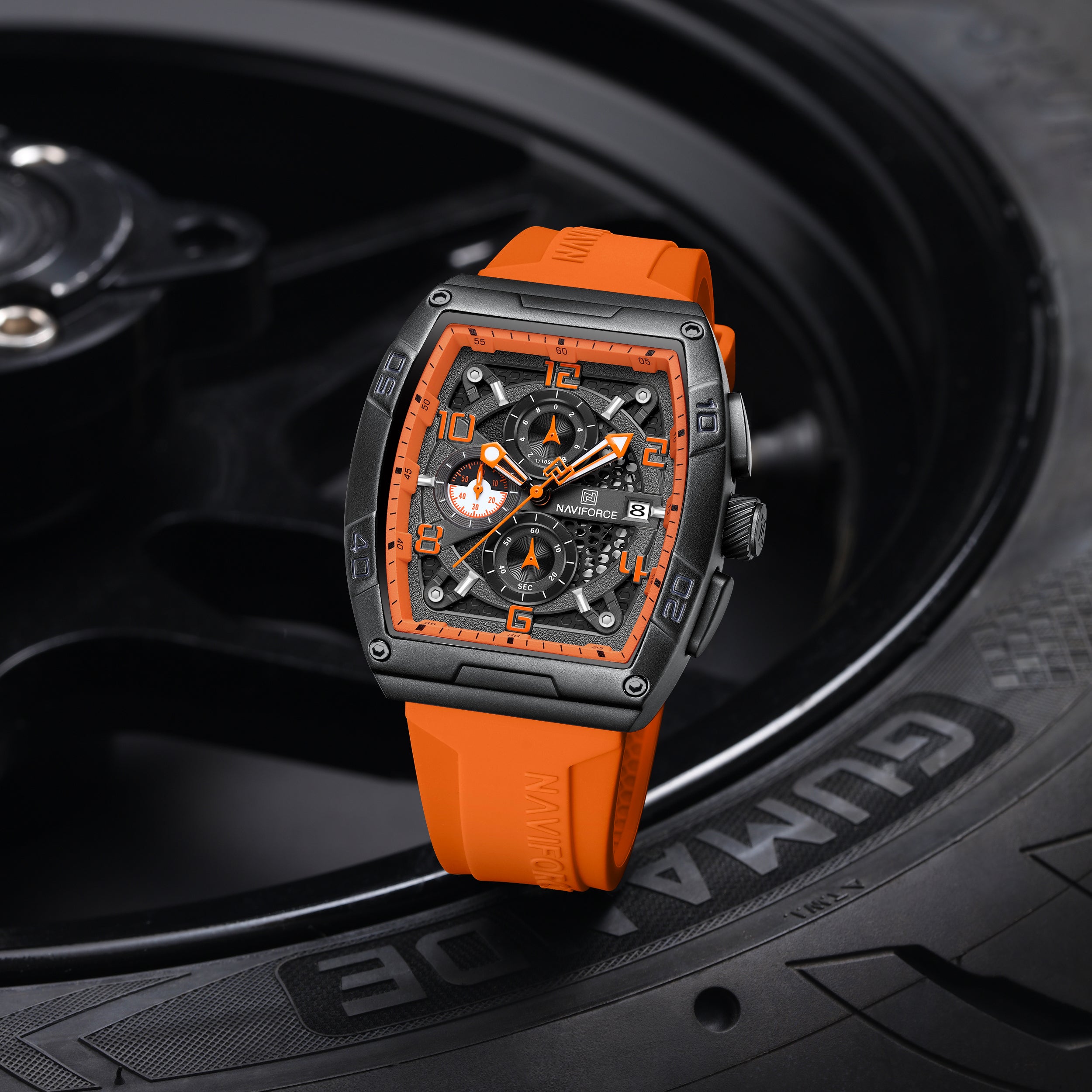 Naviforce NF8052 B/O/O Luminous Hollow Dial Barrel-shaped Sports Watch