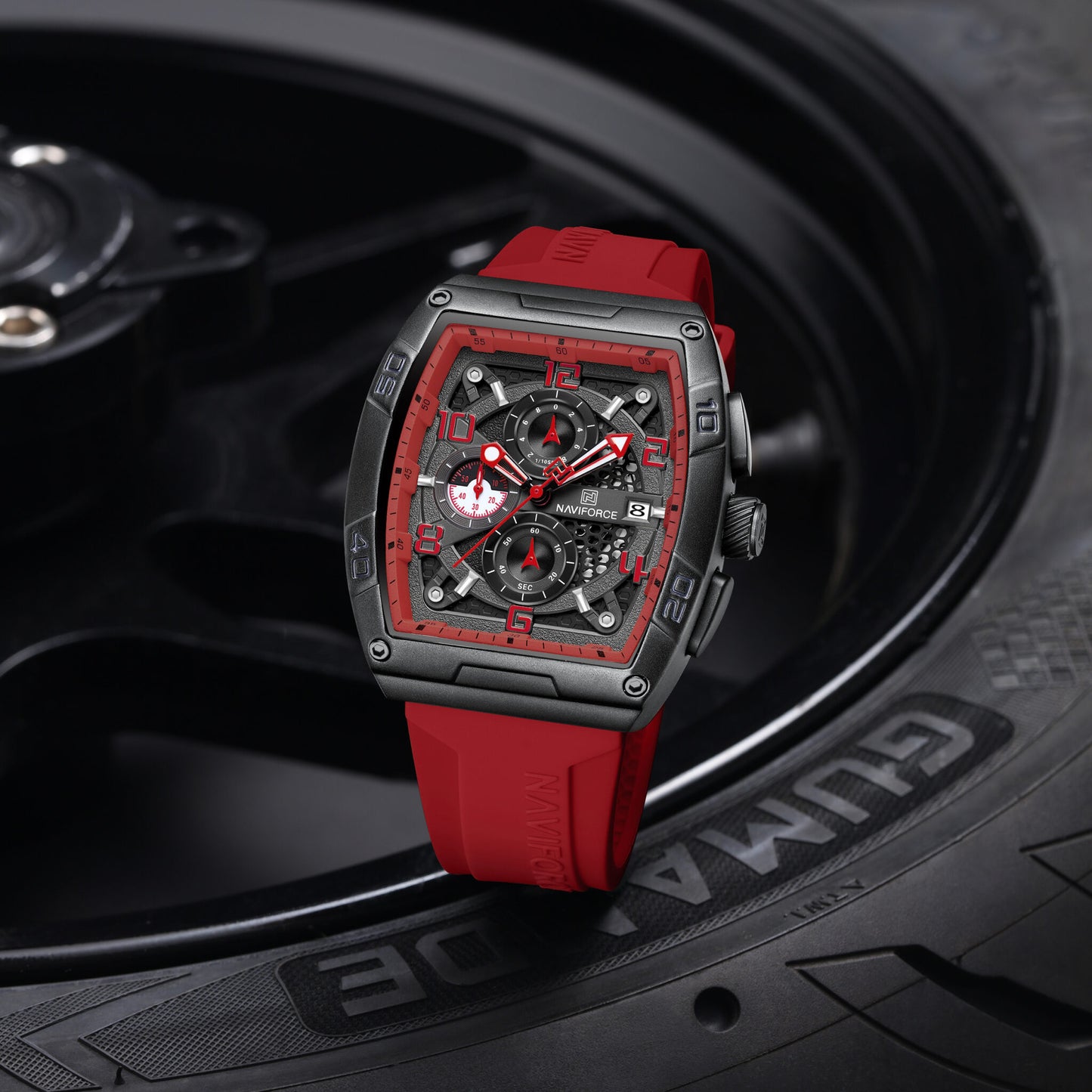 Naviforce NF8052 B/R/R Luminous Hollow Dial Barrel-shaped Sports Watch