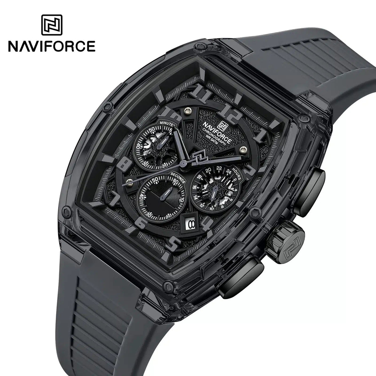 NAVIFORCE NF6118 Men's Multifunctional Chronograph Watch with Grey Silicone Strap, 5ATM Water Resistant