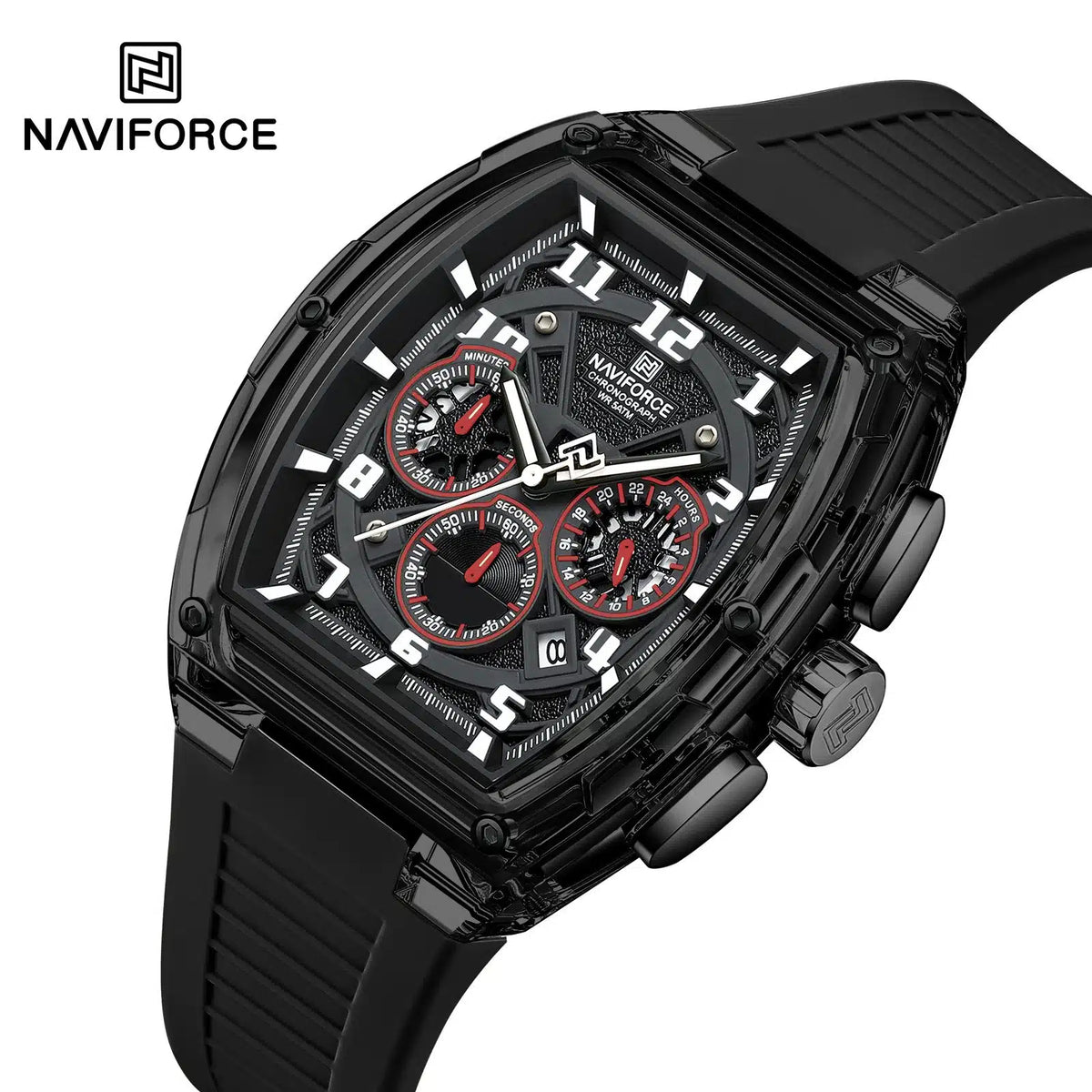 NAVIFORCE NF6118 Men's Chronograph Sports Watch with Black & Red Silicone Strap
