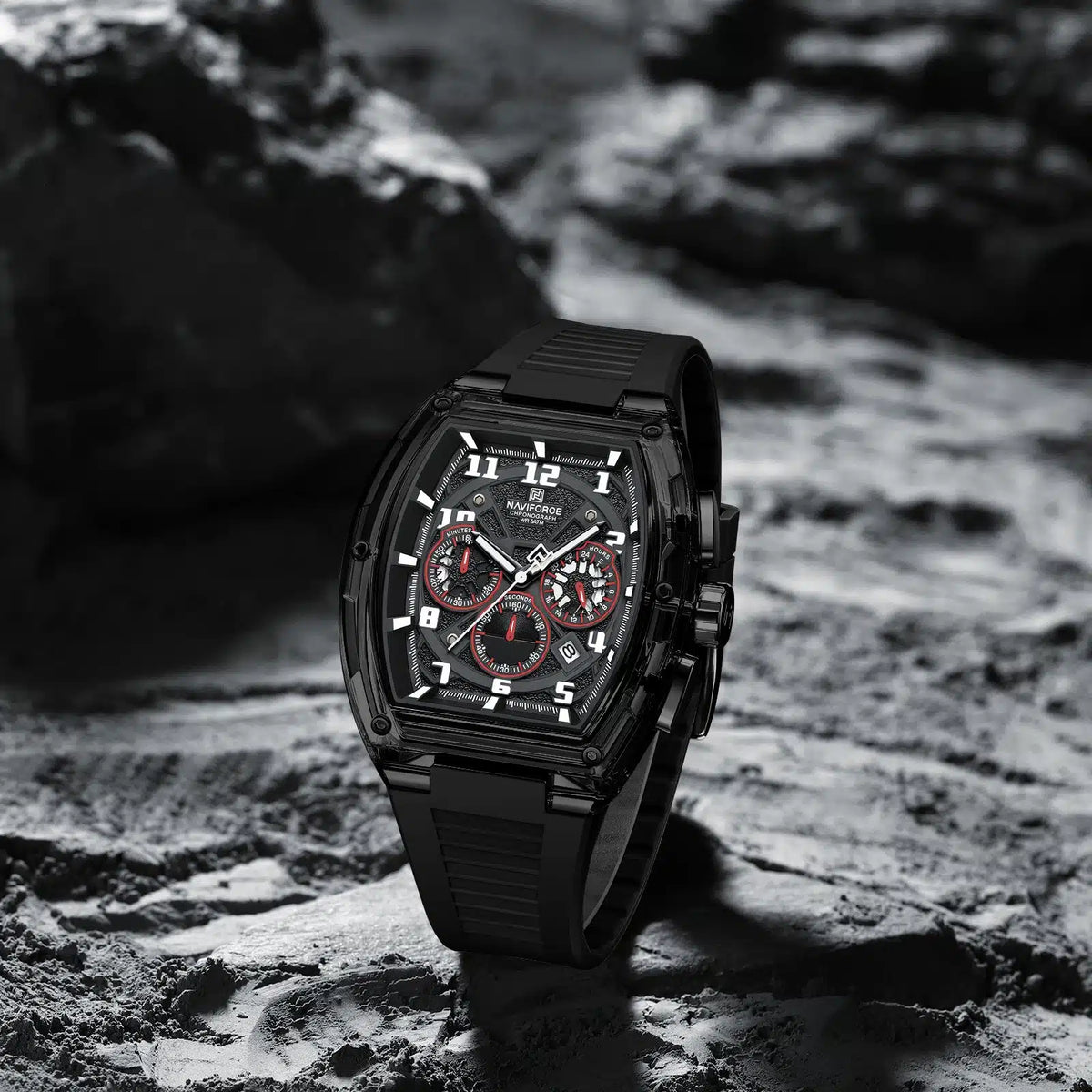 NAVIFORCE NF6118 Men's Chronograph Sports Watch with Black & Red Silicone Strap