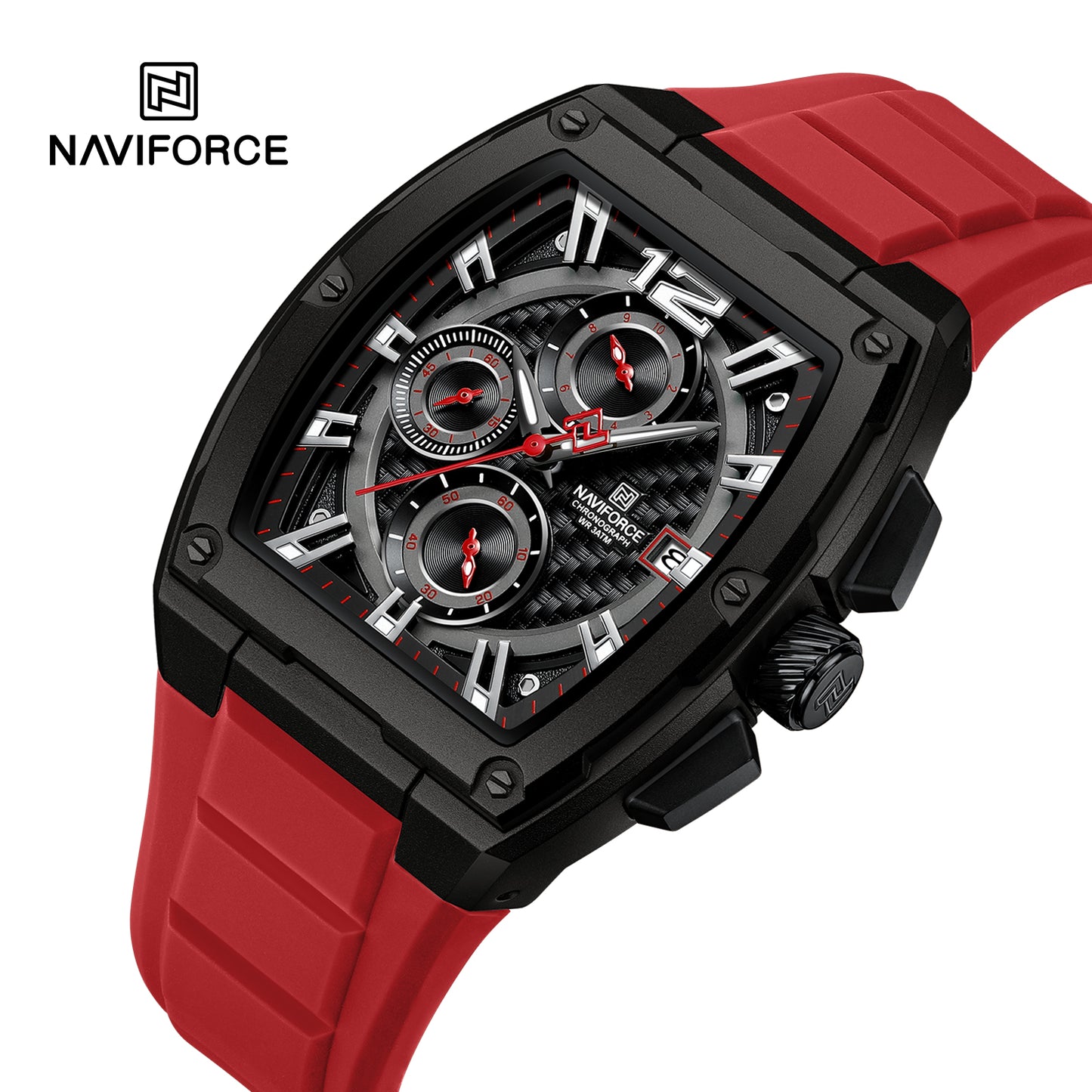 NAVIFORCE NF8050 B/B/R Barrel-Shaped Case Waterproof Luminous Quartz Multifunction Men’s Watch