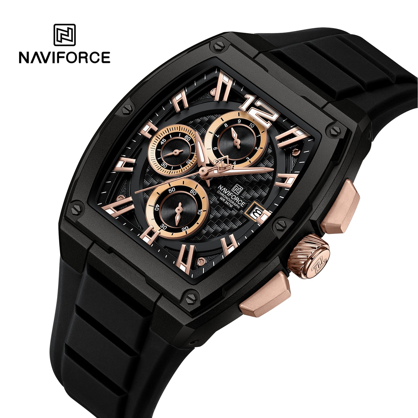 NAVIFORCE NF8050 B/RG/B Barrel-Shaped Case Waterproof Luminous Quartz Multifunction Men’s Watch