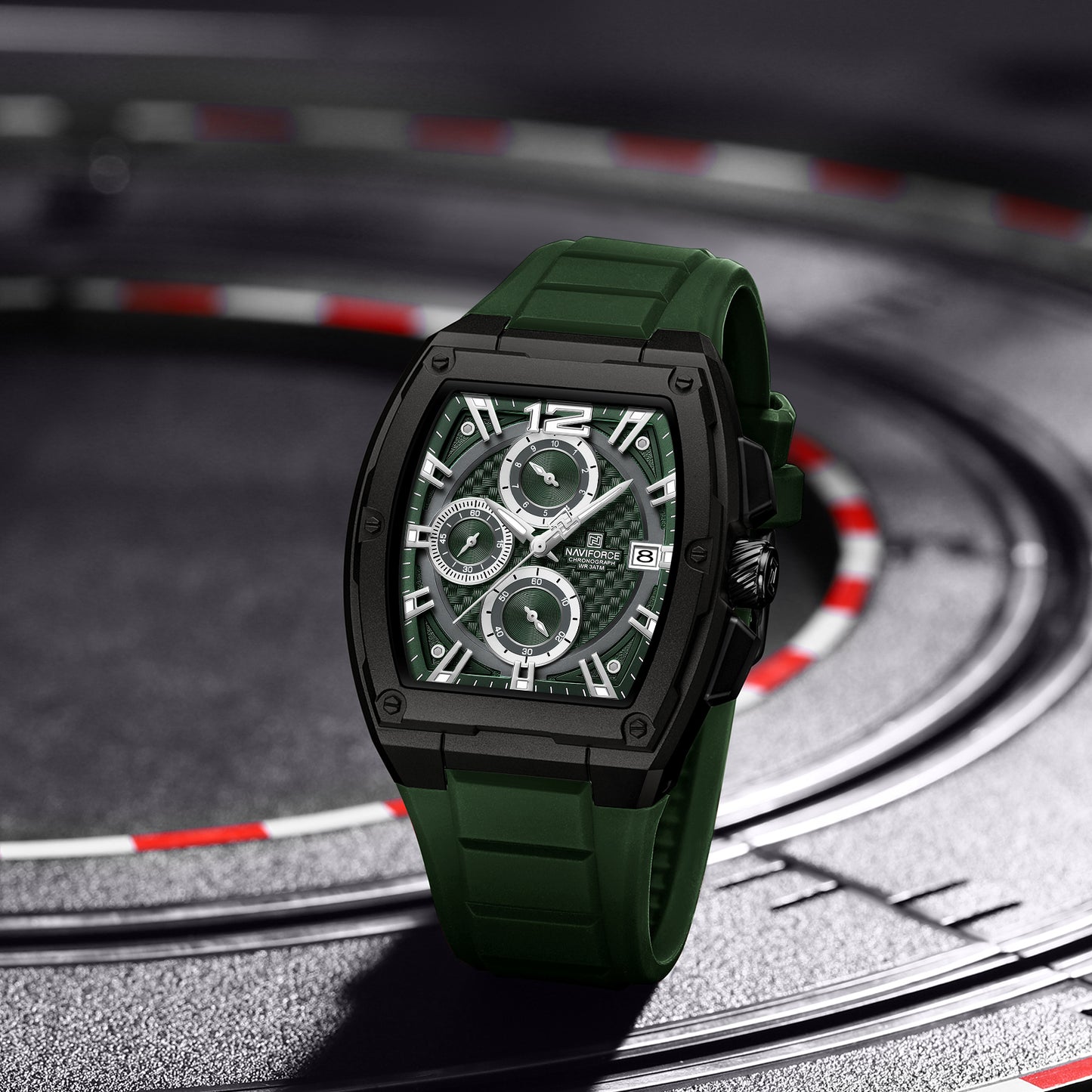 NAVIFORCE NF8050 B GN/GN Barrel-Shaped Case Waterproof Luminous Quartz Multifunction Men’s Watch