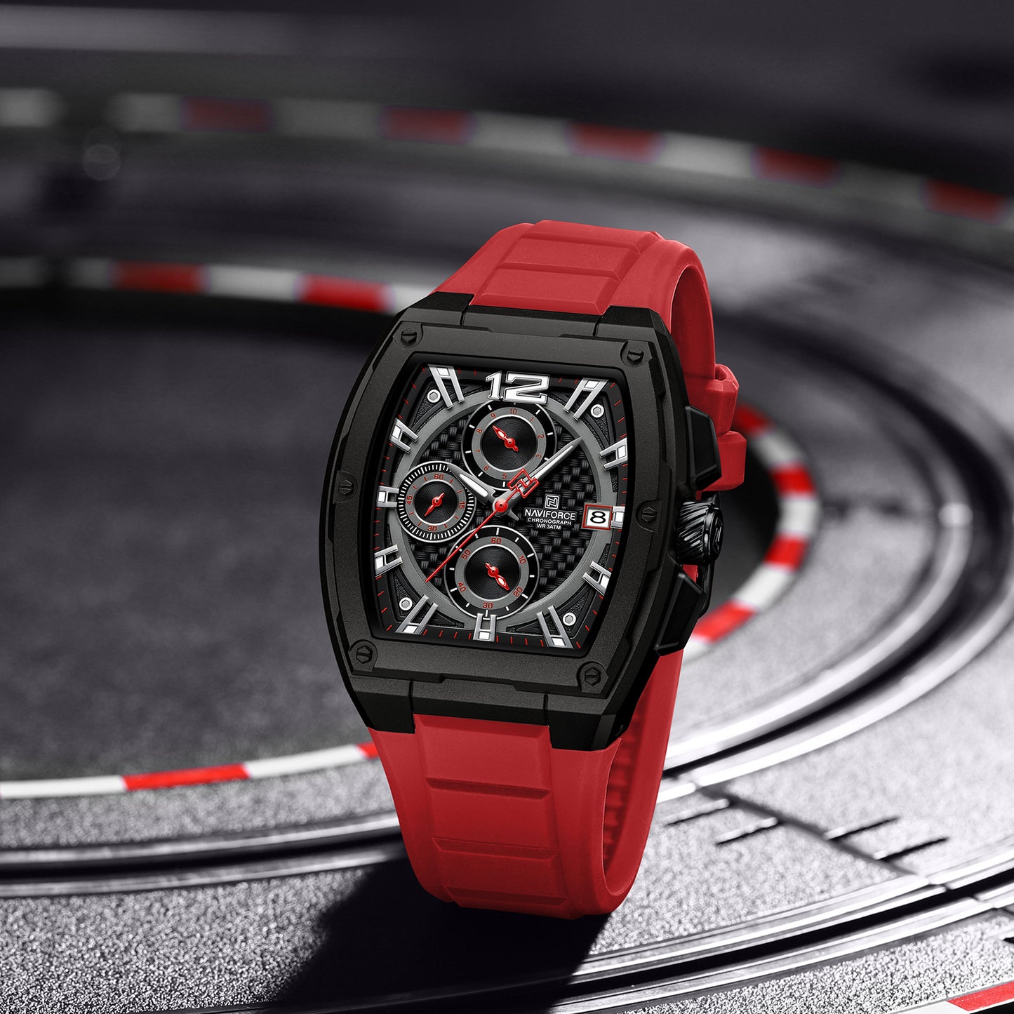 NAVIFORCE NF8050 B/B/R Barrel-Shaped Case Waterproof Luminous Quartz Multifunction Men’s Watch