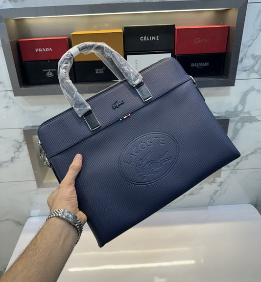 Lacoste Men’s Dark Blue Leather Laptop Bag – Business & Casual Briefcase
