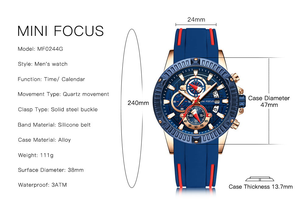 Mini Focus Men's Blue Dial Chronograph Sports-Casual Watch with Blue Silicone Strap (MF0244G.01)