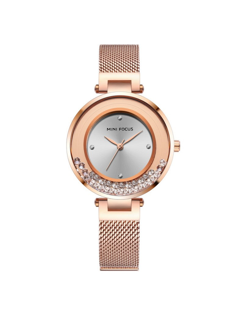 Mini Focus MF0254L.02 Women’s Quartz Watch – Crystal Dial, Steel Mesh Band, 3ATM