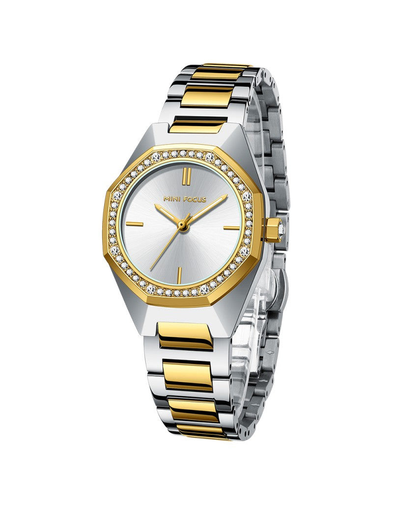 Mini Focus MF0433L Women’s Round Stainless Steel Watch – Japanese Quartz, Crystal Bezel, 3ATM