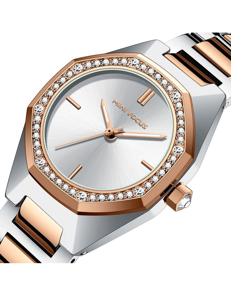 Mini Focus MF0433L Women’s Round Stainless Steel Watch – Japanese Quartz, Crystal Bezel, 3ATM