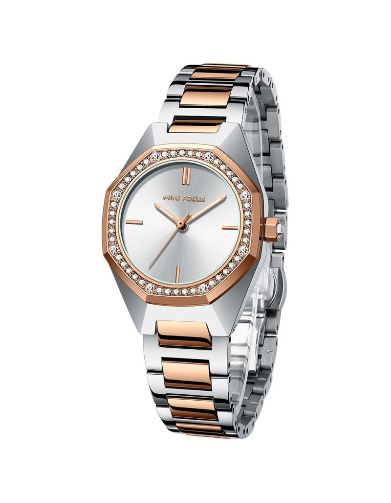 Mini Focus MF0433L Women’s Round Stainless Steel Watch – Japanese Quartz, Crystal Bezel, 3ATM