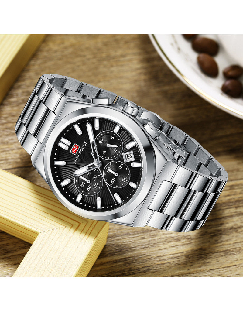 Mini Focus Men’s Stainless Steel Quartz Watch – 42mm Chronograph Style, Black Dial