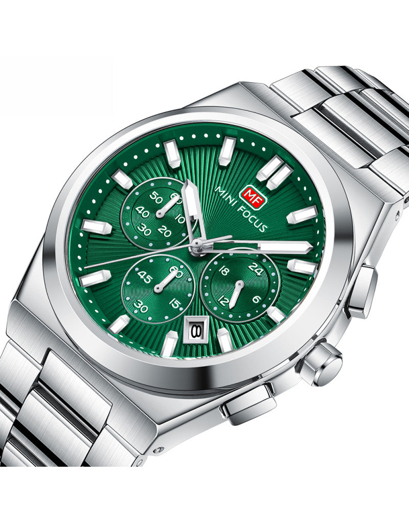Mini Focus Men’s Stainless Steel Quartz Watch – 42mm Chronograph Style, Green Dial