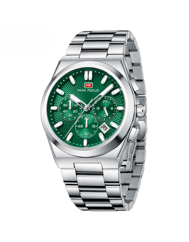 Mini Focus Men’s Stainless Steel Quartz Watch – 42mm Chronograph Style, Green Dial