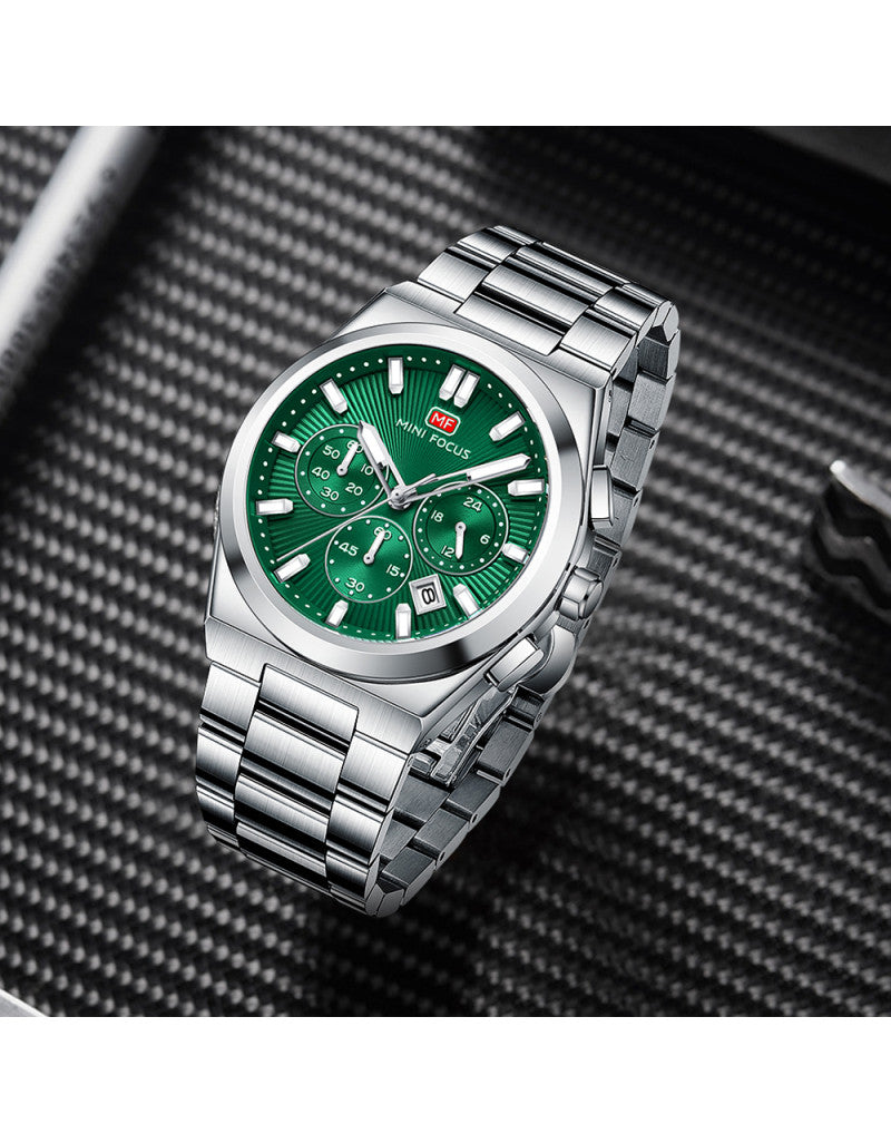 Mini Focus Men’s Stainless Steel Quartz Watch – 42mm Chronograph Style, Green Dial