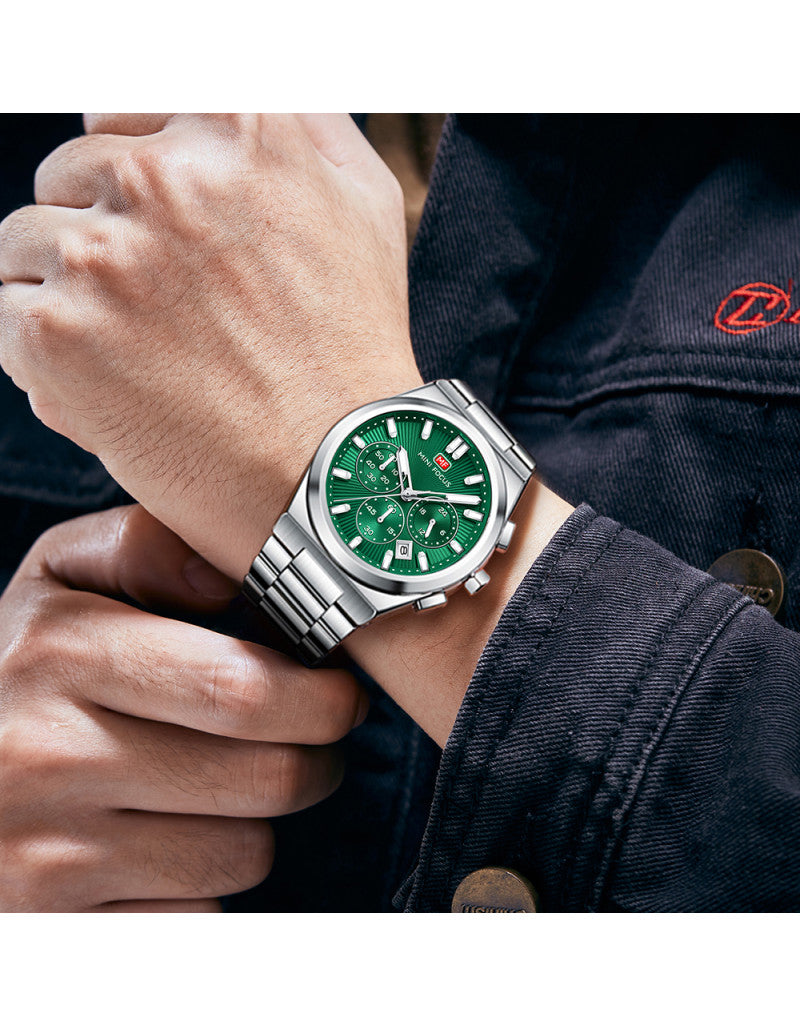 Mini Focus Men’s Stainless Steel Quartz Watch – 42mm Chronograph Style, Green Dial