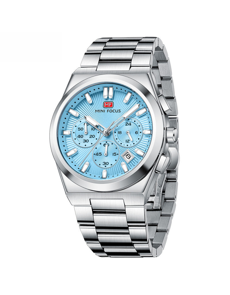 Mini Focus Men’s Stainless Steel Quartz Watch – 42mm Chronograph Style, Light Blue Dial