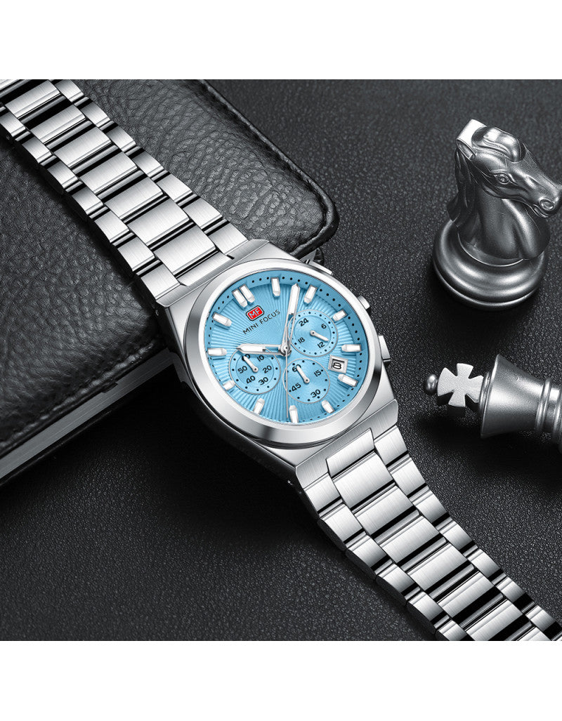 Mini Focus Men’s Stainless Steel Quartz Watch – 42mm Chronograph Style, Light Blue Dial