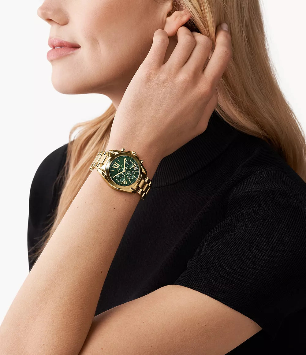 Michael Kors Bradshaw Chronograph Watch – Gold-Tone Stainless Steel with Green Dial (Model MK7257)
