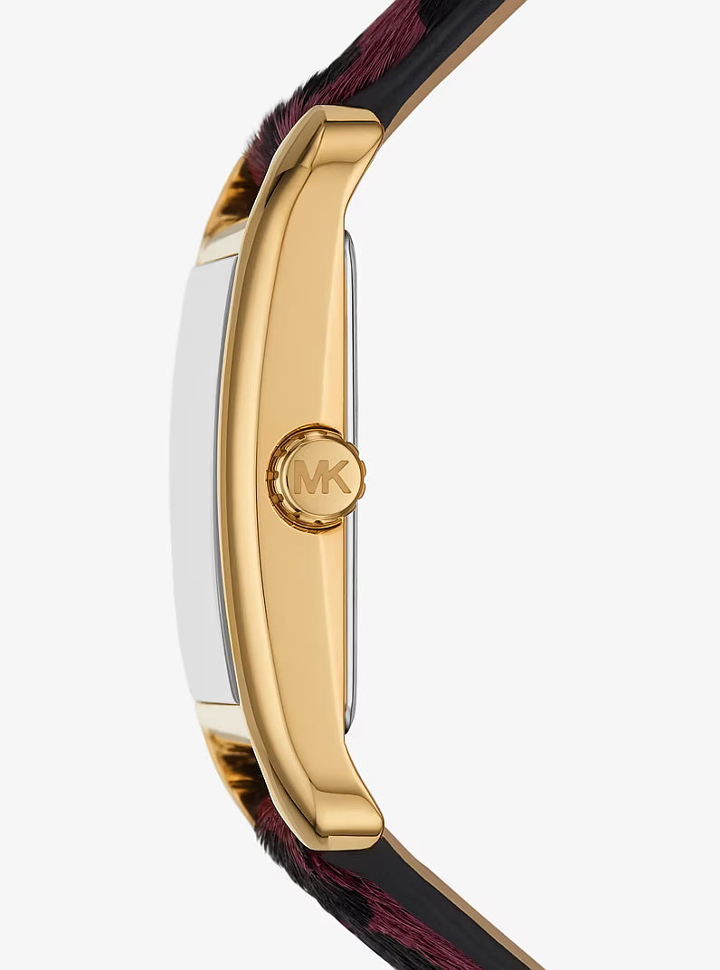 Michael Kors Monroe MKO1116 Women’s Gold-Tone Rectangular Watch with Burgundy Leopard Strap