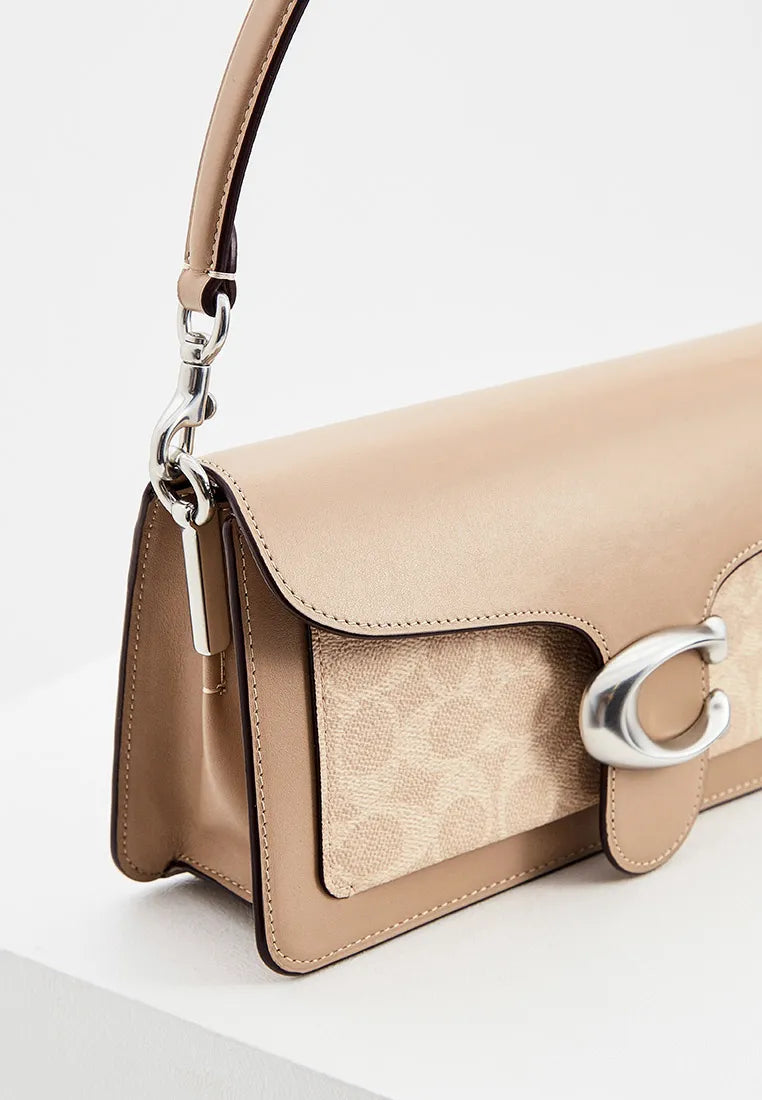 Women's Elegant Leather Shoulder Bag with Metal C Clasp - Beige/Nude #0066