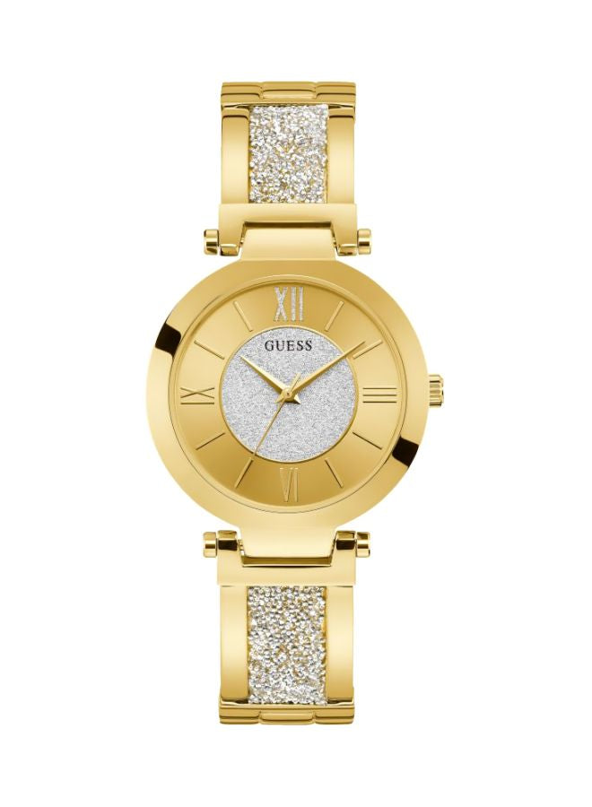 GUESS Women’s Aurora W1288L2 Gold-Tone Stainless Steel Watch – Crystal Bracelet & Glitter Dial, 36mm