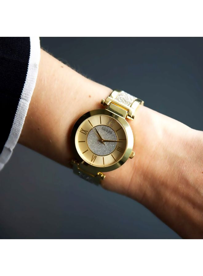 GUESS Women’s Aurora W1288L2 Gold-Tone Stainless Steel Watch – Crystal Bracelet & Glitter Dial, 36mm