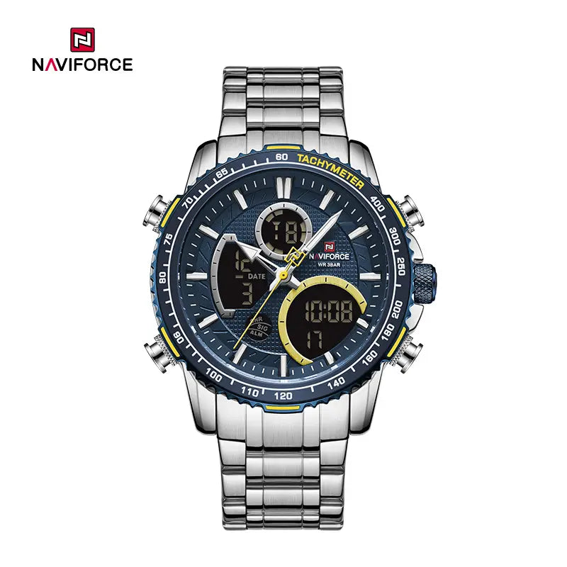 NAVIFORCE NF9182 S/BE Men Digital Sports Multifunction Chronograph Quartz Waterproof Stainless Steel Wristwatch