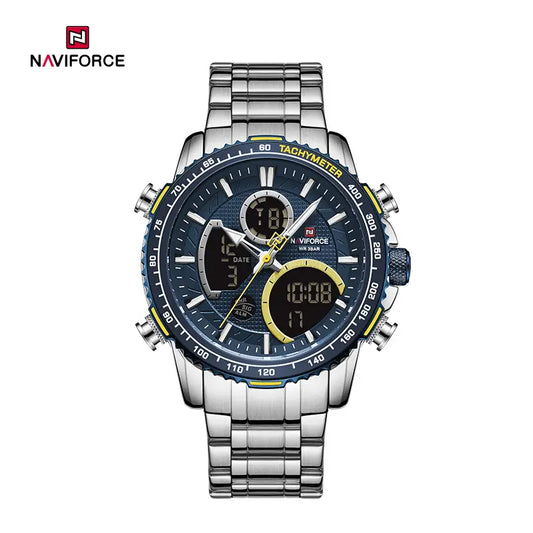 NAVIFORCE NF9182 S/BE Men Digital Sports Multifunction Chronograph Quartz Waterproof Stainless Steel Wristwatch