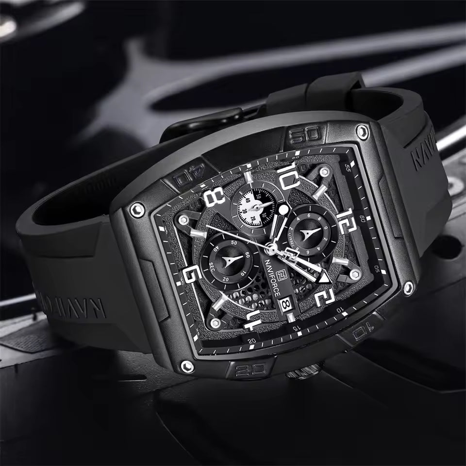 Naviforce NF8052-B-W-B Men’s Square Quartz Watch – Black Dial,