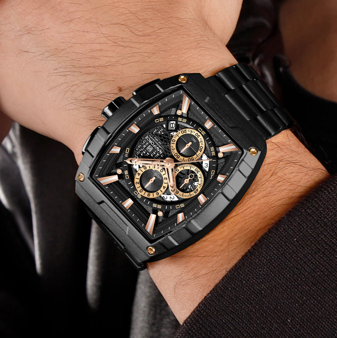 Naviforce NF8066-B-RG-B Men’s Analog Square Watch with Black / Roes Gold Dial & Stopwatch