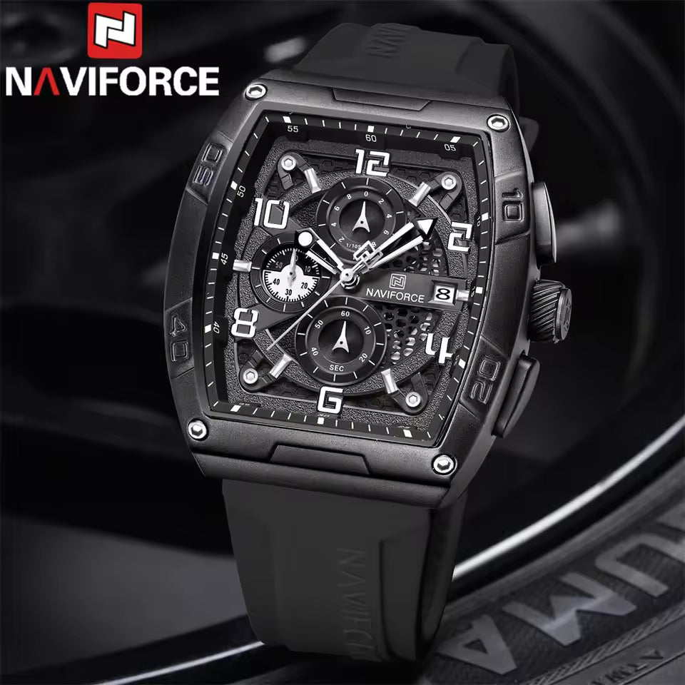 Naviforce NF8052-B-W-B Men’s Square Quartz Watch – Black Dial,