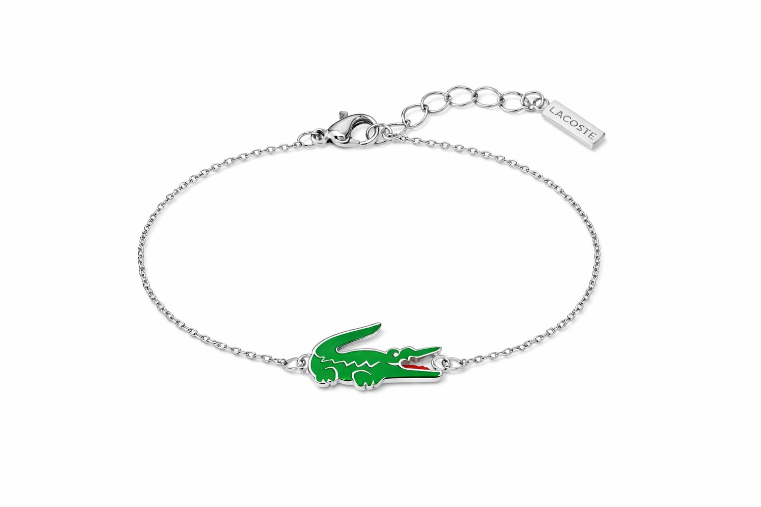 Lacoste Women’s Silver-Tone Chain Bracelet with Green Crocodile Logo – Stainless Steel Adjustable Elegant Fashion Jewelry