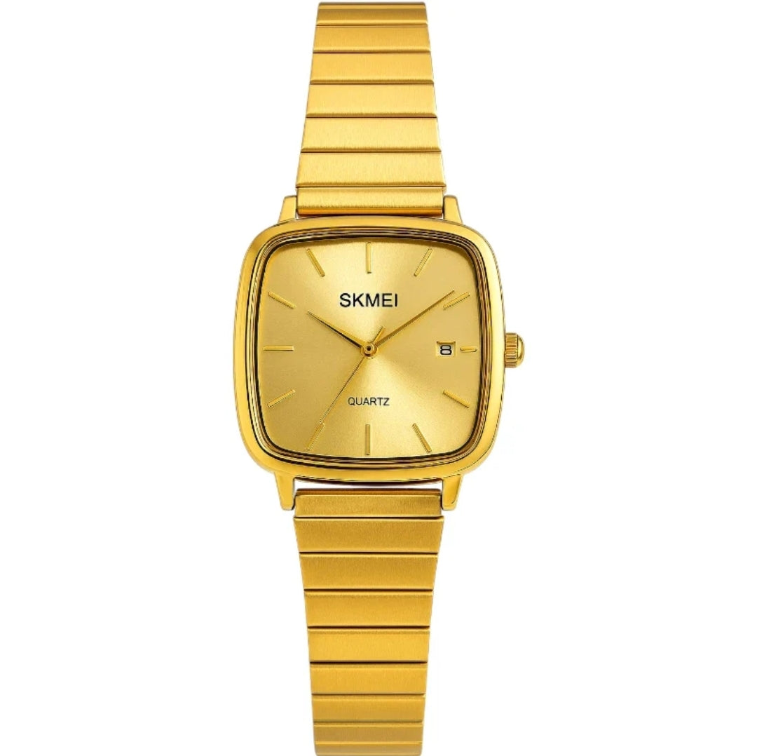 SKMEI 2491 Unisex Watch – Classic Square Gold Design | Stainless Steel with Date Display