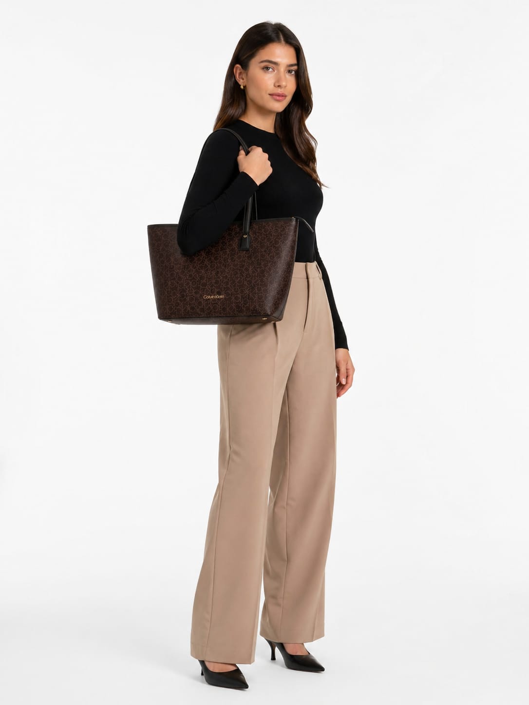 Calvin Klein Monogram Tote Set - Sophisticated Espresso Brown #05