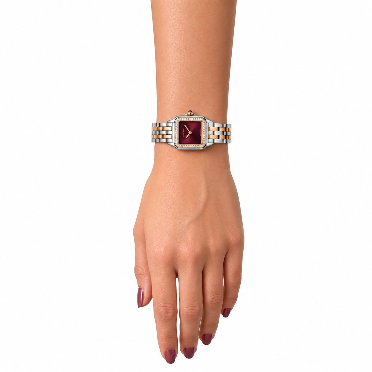 Cartier Panthère Two-Tone Diamond Watch for Men – Burgundy Dial & Stainless Steel Bracelet