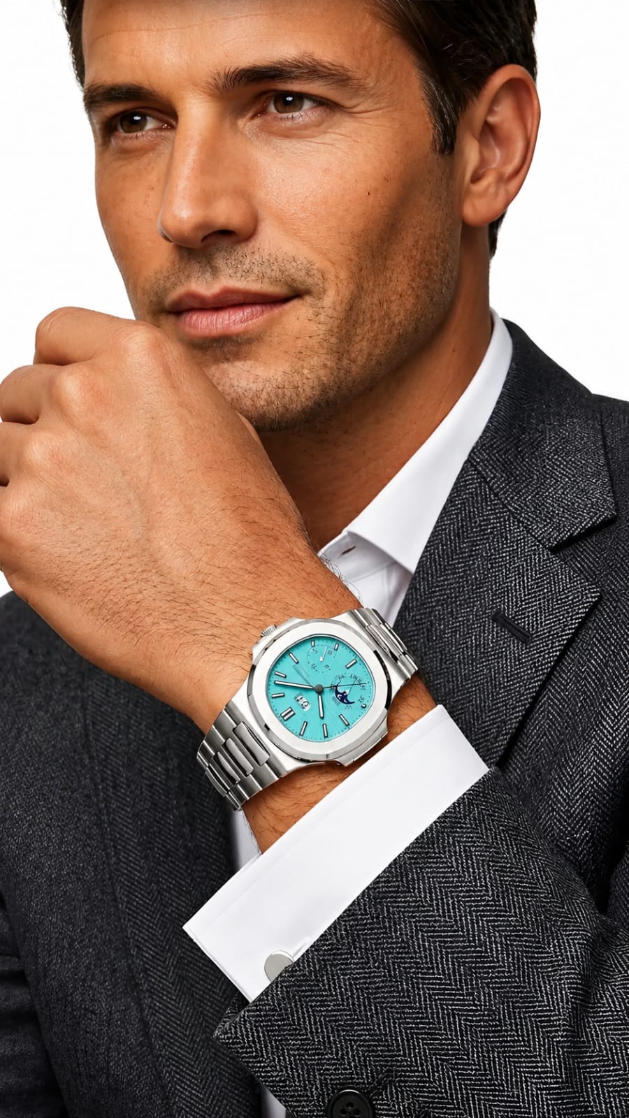Luxury Nautilus-Style Stainless Steel Watch – Aqua Blue Dial, Multi-Function Display