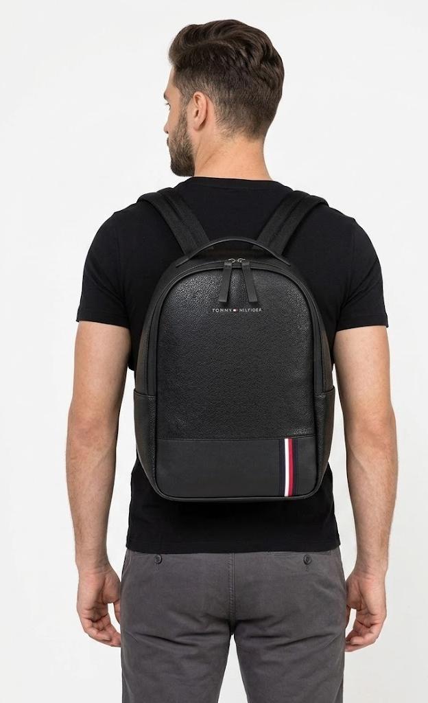 Tommy Hilfiger Black Leather Backpack – Premium Pebble Grain Everyday & Business Backpack#52-100