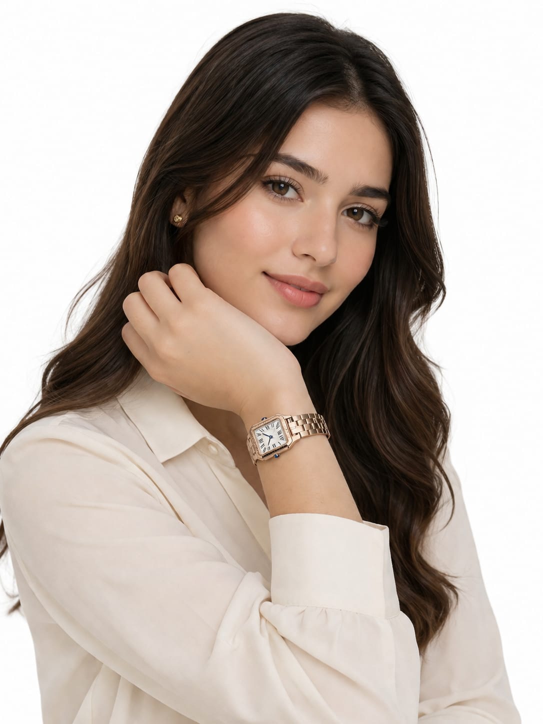 Cartier Panthère-Inspired Women’s Rose Gold-Tone Square Watch with Rhinestone-Set Bezel & White Dial (Small Case) Dimensions: 25.1 × 18.5 mm)